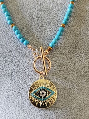 Gold-Tone Evil Eye Pendant Necklace with Turquoise Type Beads, 17.5"